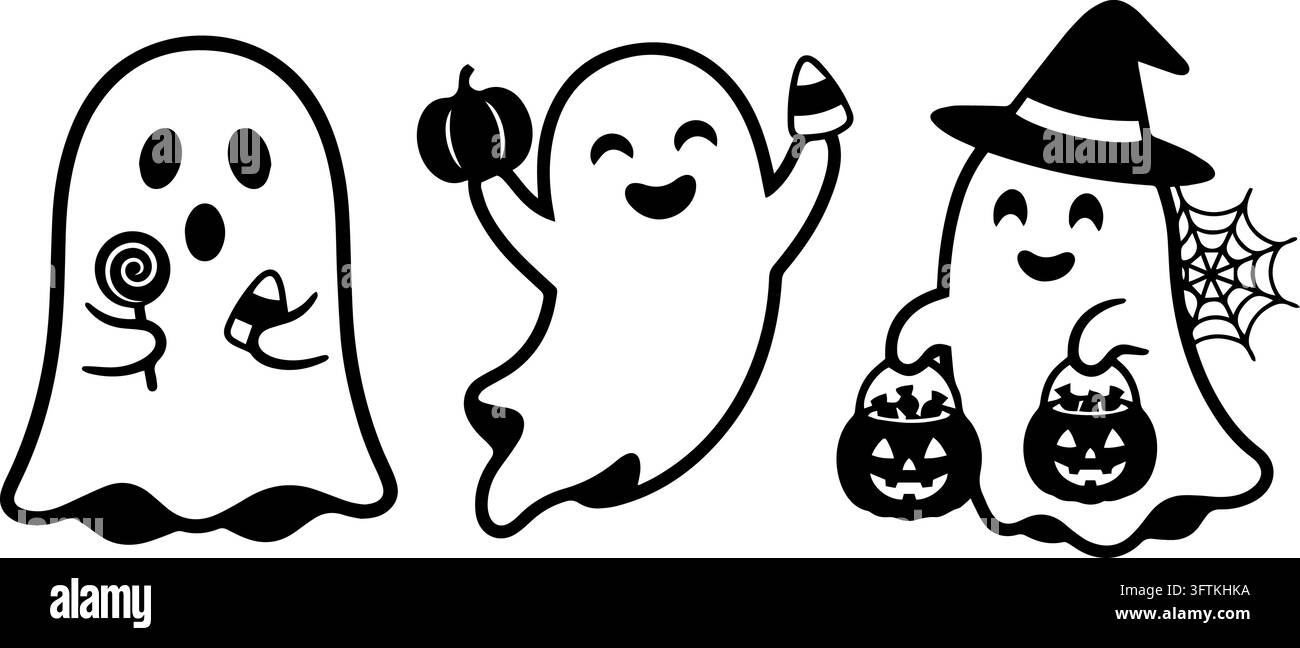 Simpatici personaggi fantasma in cartone animato per il dolcetto o scherzetto di Halloween Illustrazione Vettoriale