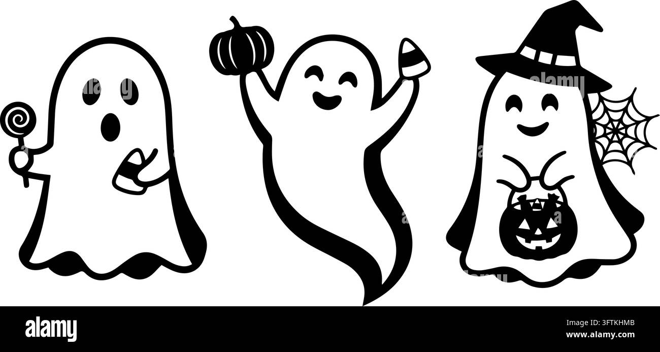 Simpatici personaggi fantasma in cartone animato per il dolcetto o scherzetto di Halloween Illustrazione Vettoriale