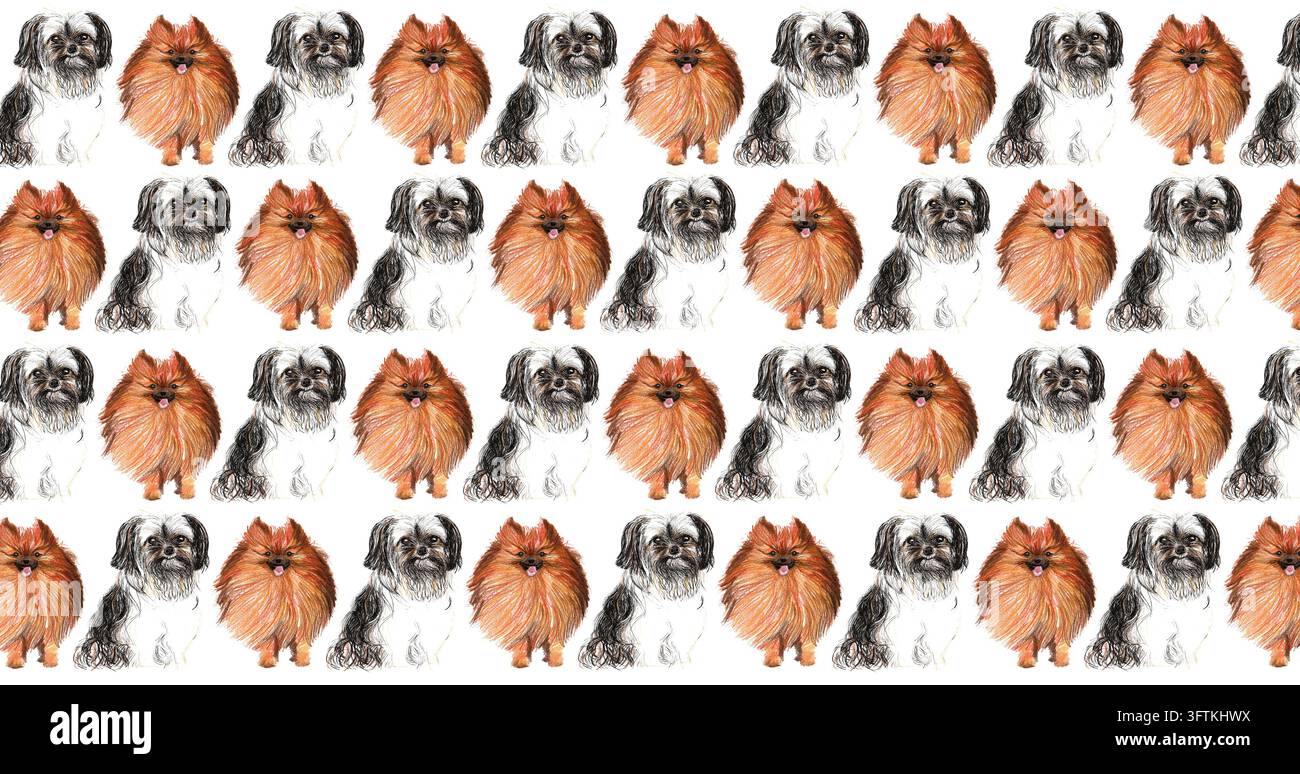 Il disegno mostra un motivo ripetuto di piccoli cani con diversi colori e stili di pelo. Ogni cane è disegnato chiaramente e posizionato uniformemente sulla superficie Foto Stock