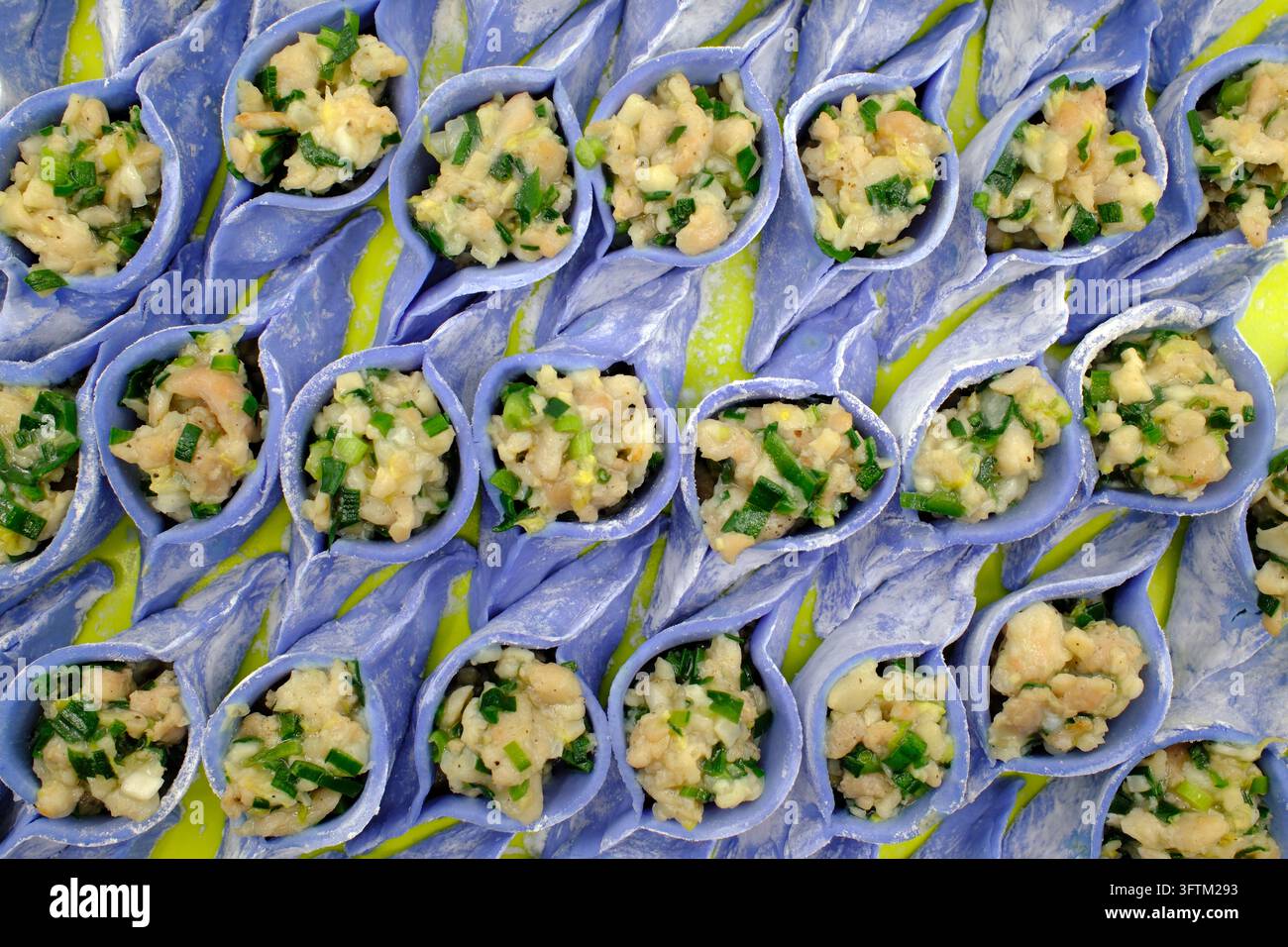 Ravioli fatti a mano con un'impasta viola unica sono disposti con cura e poi ripieni di verdure e carne. Dim sum tradizionale. Foto Stock