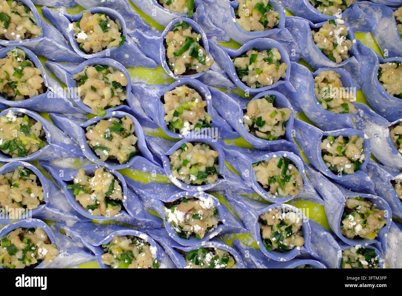 Ravioli fatti a mano con un'impasta viola unica sono disposti con cura fianco a fianco prima di essere cotti durante un evento culinario. Foto Stock