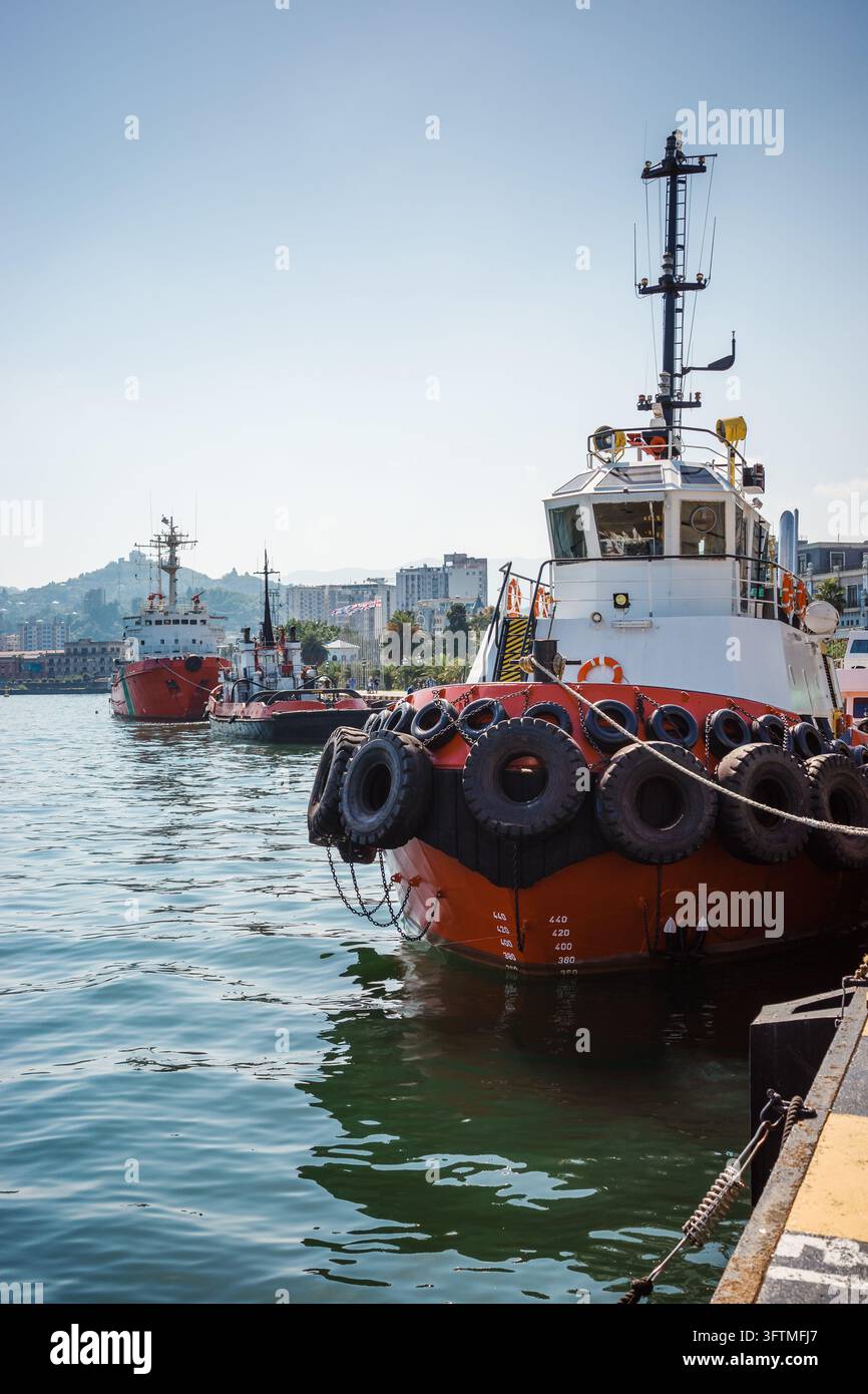 Chiattona portuale ormeggiata al porto con paraurti in gomma, nave di servizio marittimo che supporta il traffico commerciale navale e la logistica marina. Foto Stock