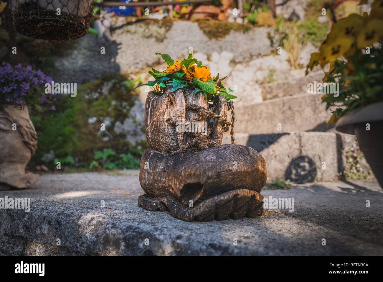 Vecchio stivale logoro riutilizzato come vaso per fiori con fiori arancioni e gialli, posato su un muro di pietra in un giardino rustico, idea creativa per la decorazione del giardino Foto Stock