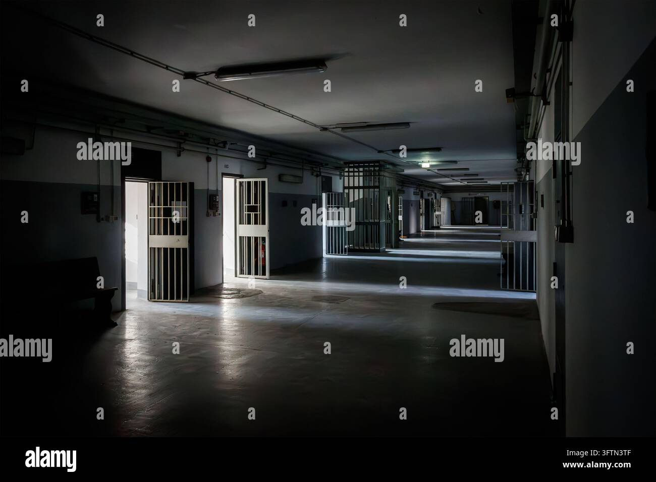 Corridoio interno del carcere con celle e sbarre bianche all'interno con ombre drammatiche, detenzione penitenziaria, rinchiuso Foto Stock