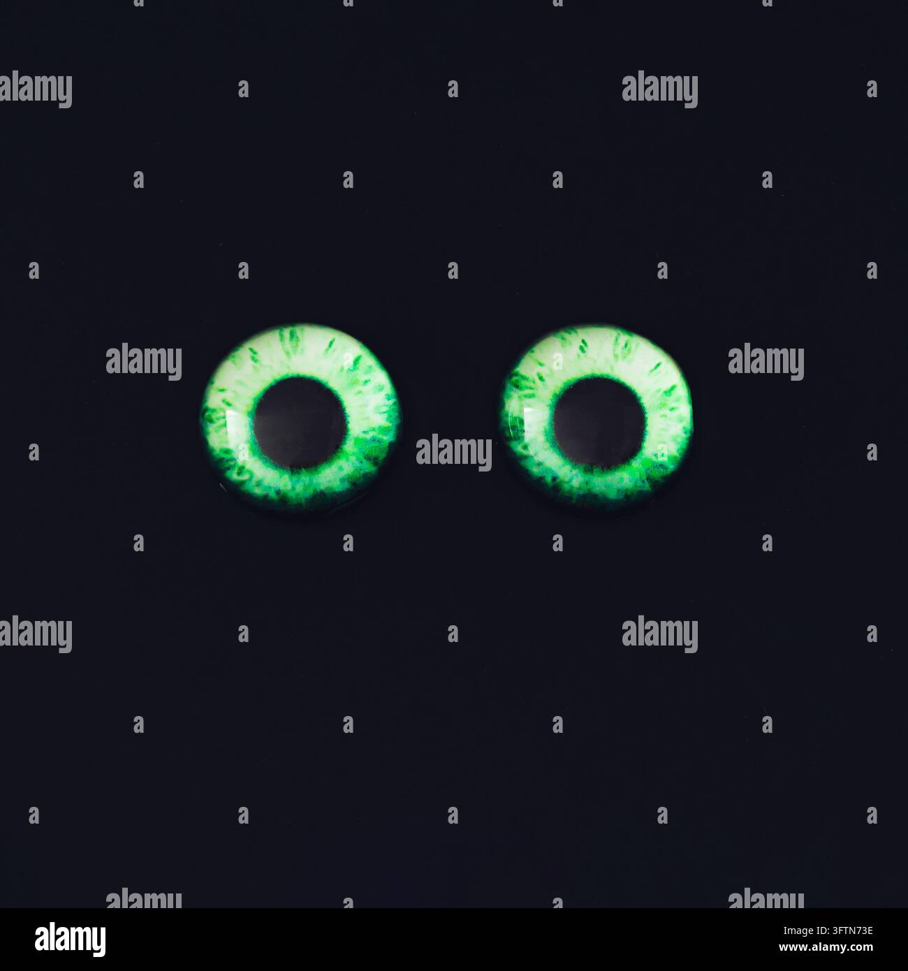 Occhi verdi luminosi su sfondo nero. Concetto misterioso e inquietante. Foto Stock