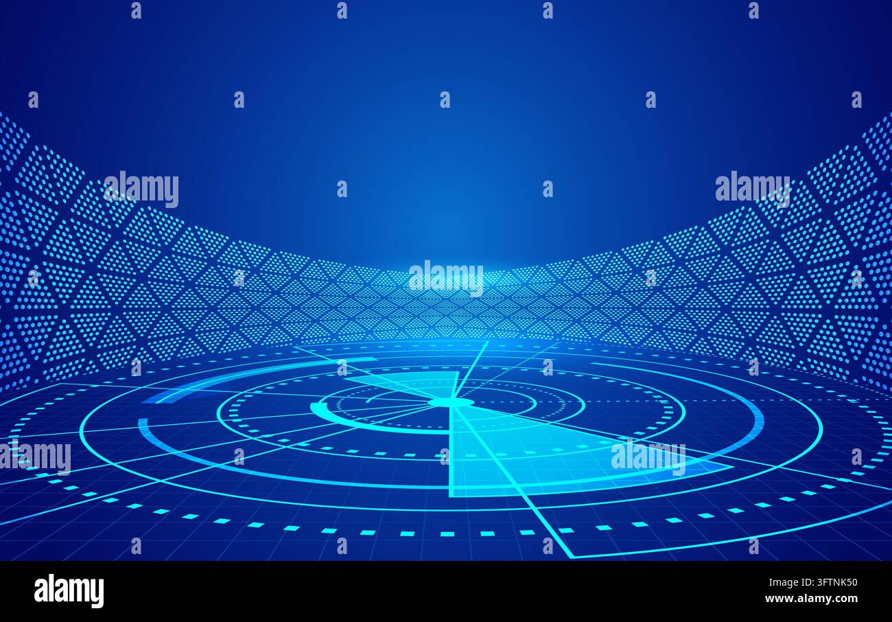 Griglia radar luminosa blu e sfondo di spazio virtuale digitale Foto Stock