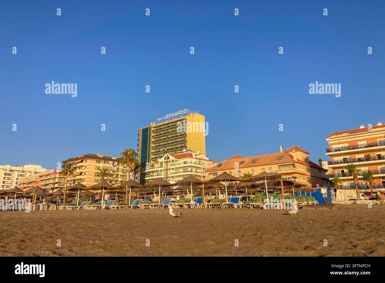 FUENGIROLA, SPAGNA - 11 AGOSTO 2026: L'alba sulla passeggiata di Fuengirola crea un'atmosfera costiera energetica con una luce mattutina calda a Fuengirola - Immagine stock catturata con smartphone