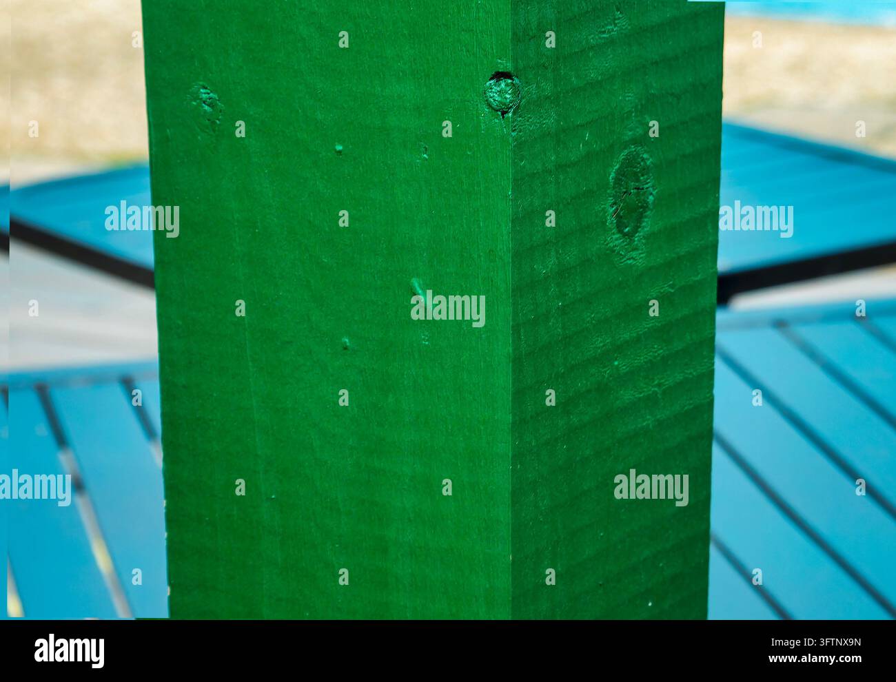 Un palo di legno dipinto di verde con nodi visibili e texture di venatura. Foto Stock