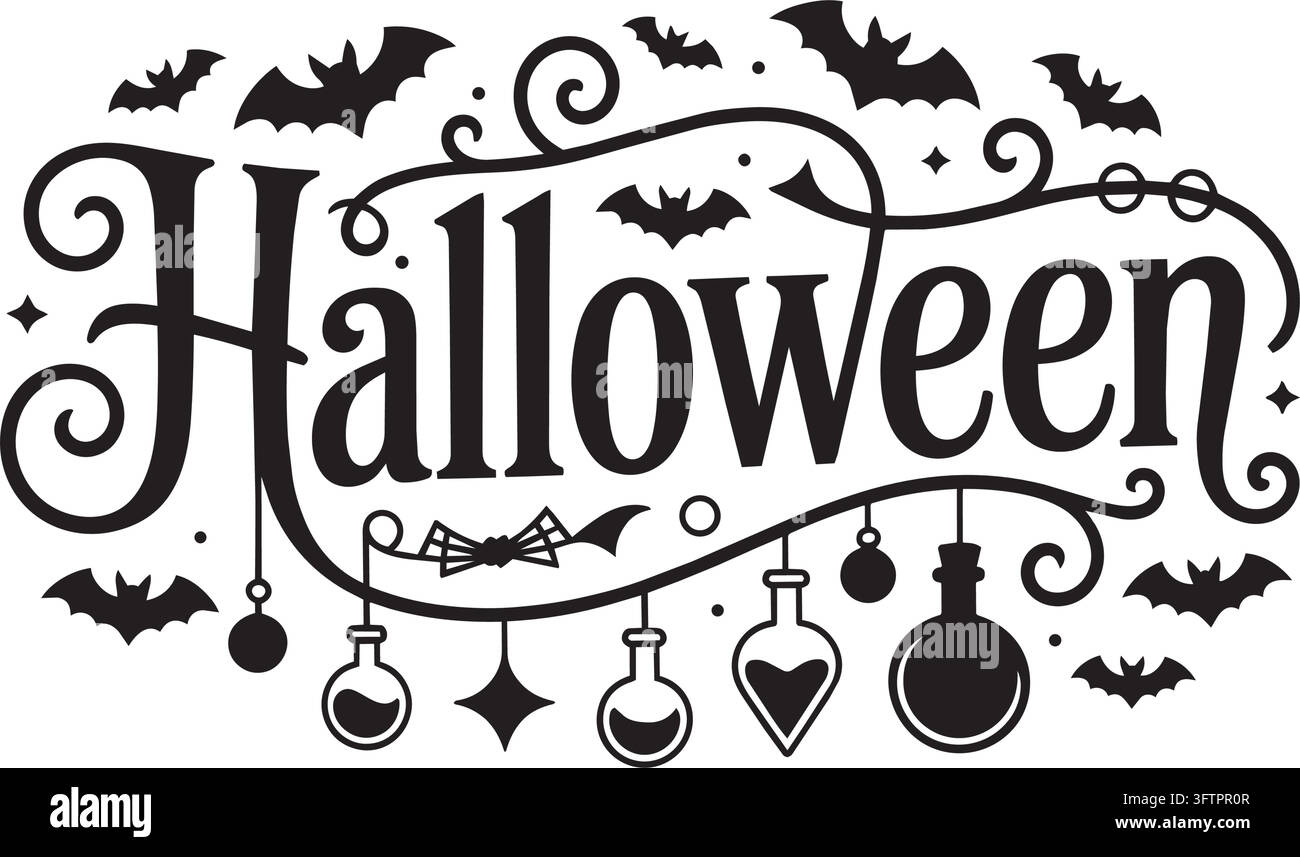 Tipografia elegante di Halloween con pipistrelli e bottiglie di pozioni come decorazione Illustrazione Vettoriale