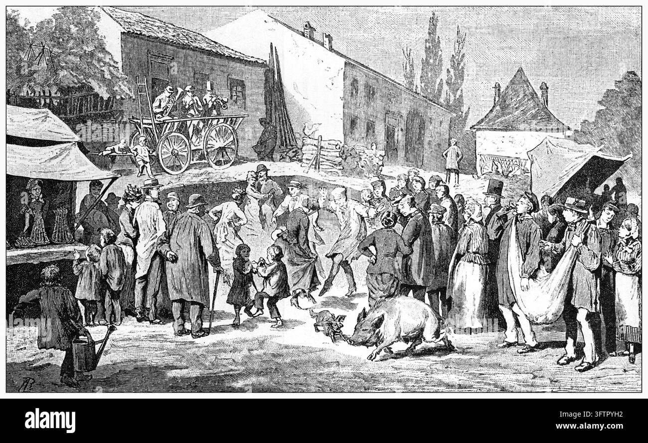 Festa del Patrono, scena di mercato vivace con danza e maiale, città europea, xilografia del XIX secolo Foto Stock