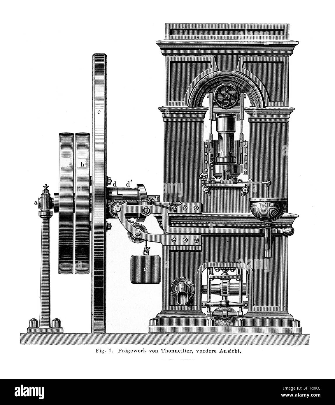 Pressa di coniatura di Thonnellier, vista frontale, illustrazione di macchinari industriali, sfondo bianco, incisione del XIX secolo. Foto Stock