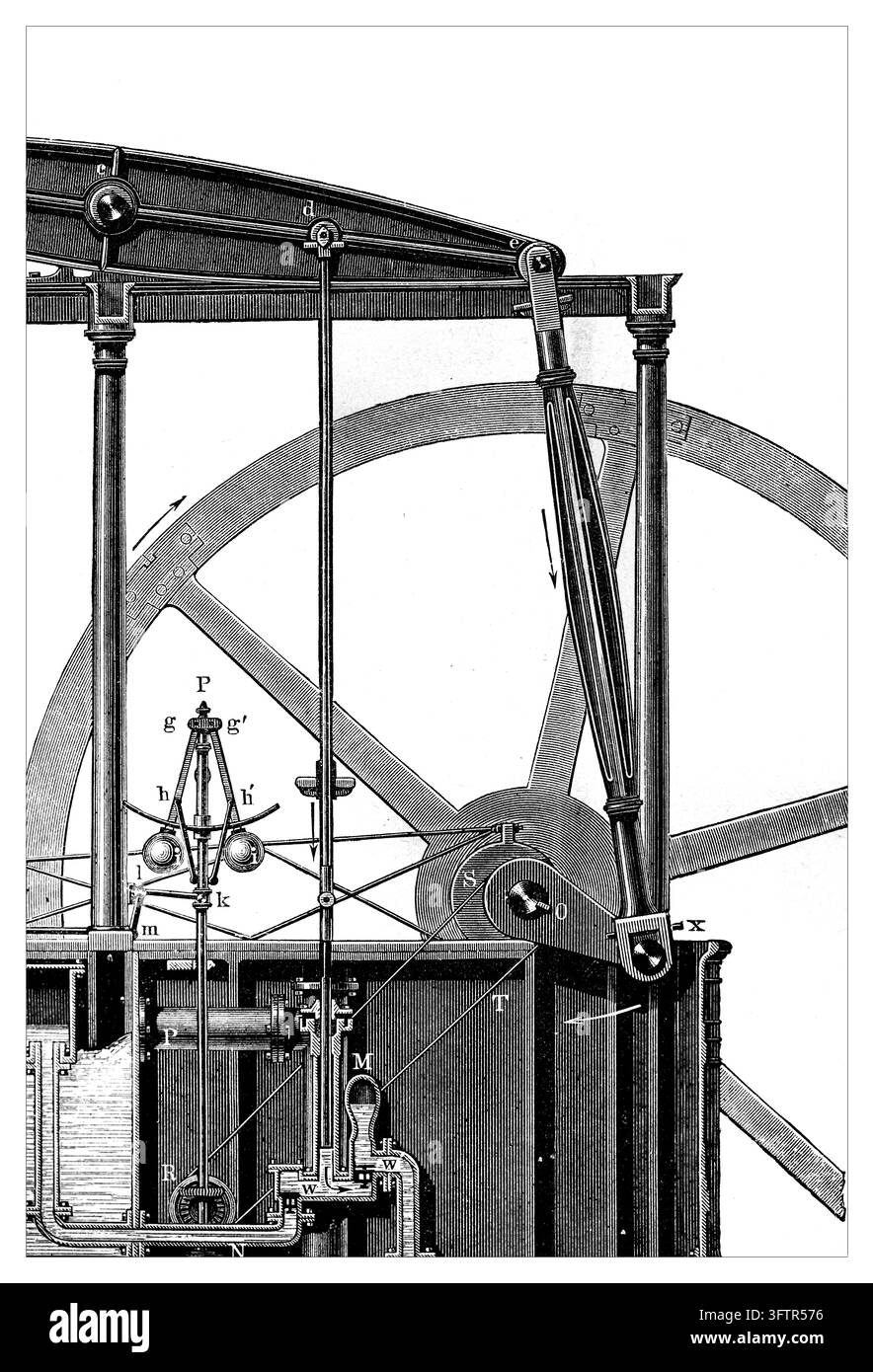 Meccanismo di regolazione della macchina a vapore Watt, tecnologia della rivoluzione industriale, sfondo bianco, incisione del XIX secolo. Foto Stock