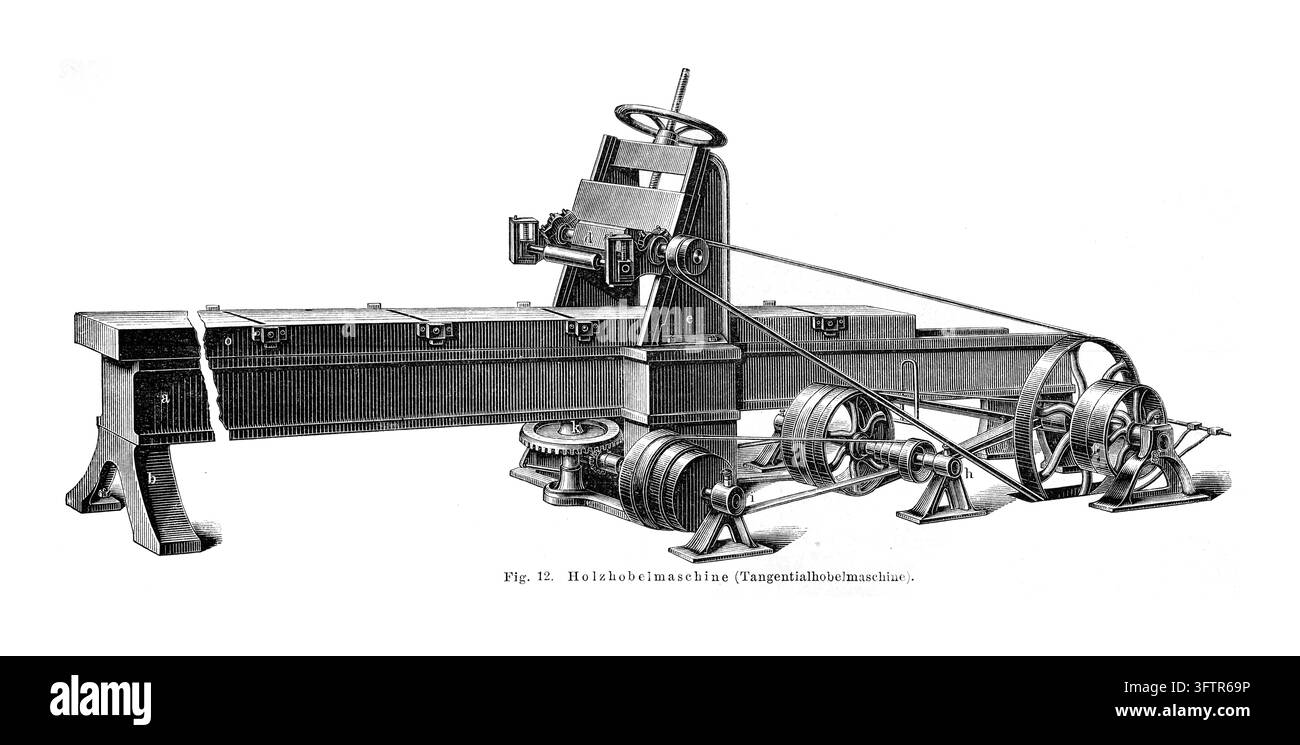 Macchina per piallare il legno, illustrazione di attrezzature industriali, sfondo bianco, incisione del XIX secolo. Foto Stock