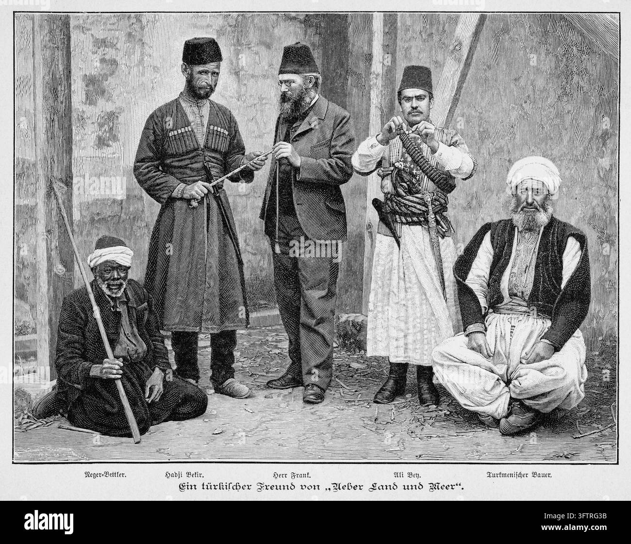 Cinque uomini dall'Impero Ottomano e dall'Asia centrale in un ritratto di gruppo – Con un viaggiatore europeo, un hajji e un contadino turkmeno. Foto Stock