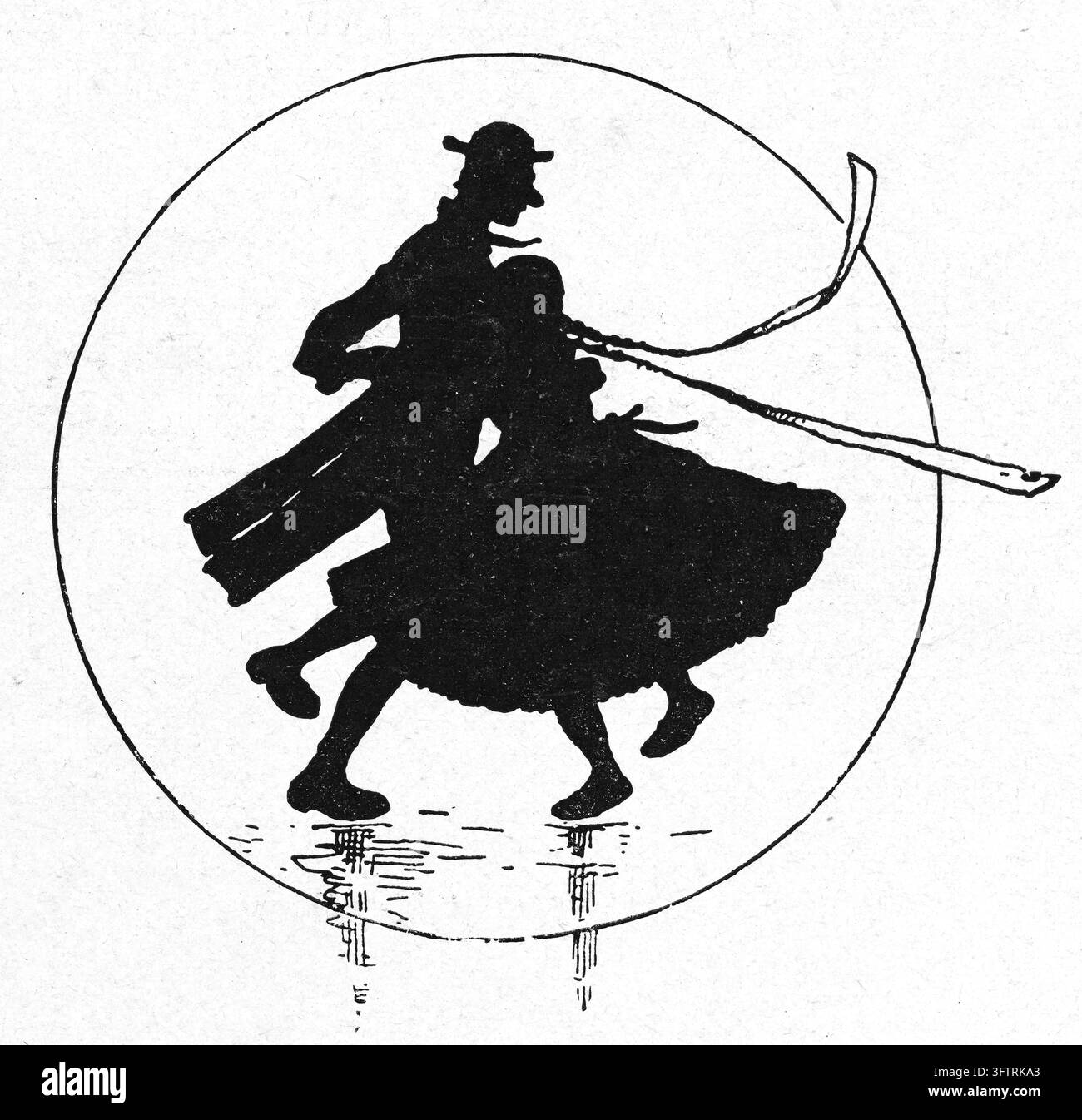 Uomo e bambino che saltano insieme in silhouette – I nastri volano mentre la coppia danza gioiosamente all'interno di una cornice circolare. Foto Stock