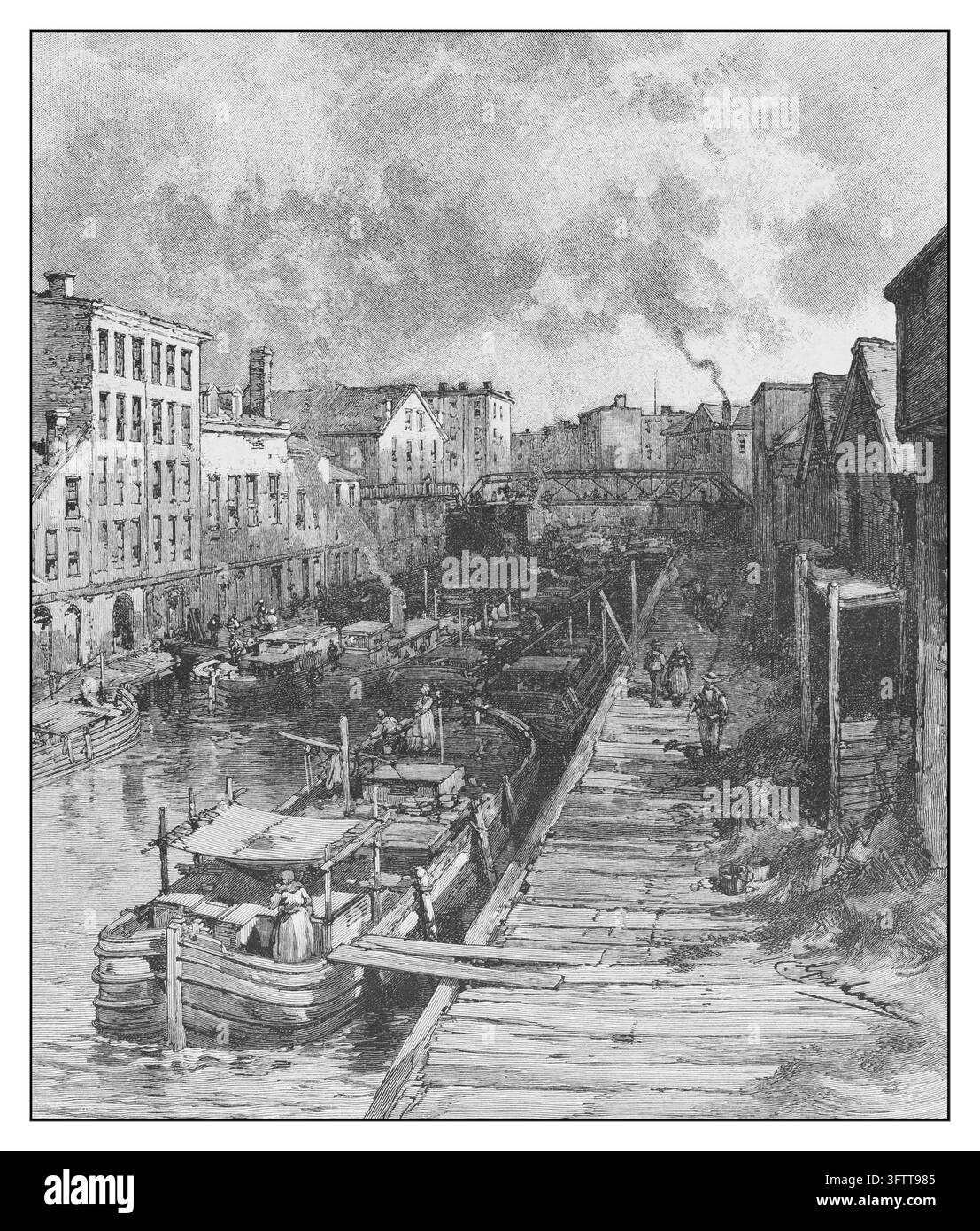 Scena di canale con chiatte e persone, vita urbana nella città industriale, incisione del XIX secolo Foto Stock