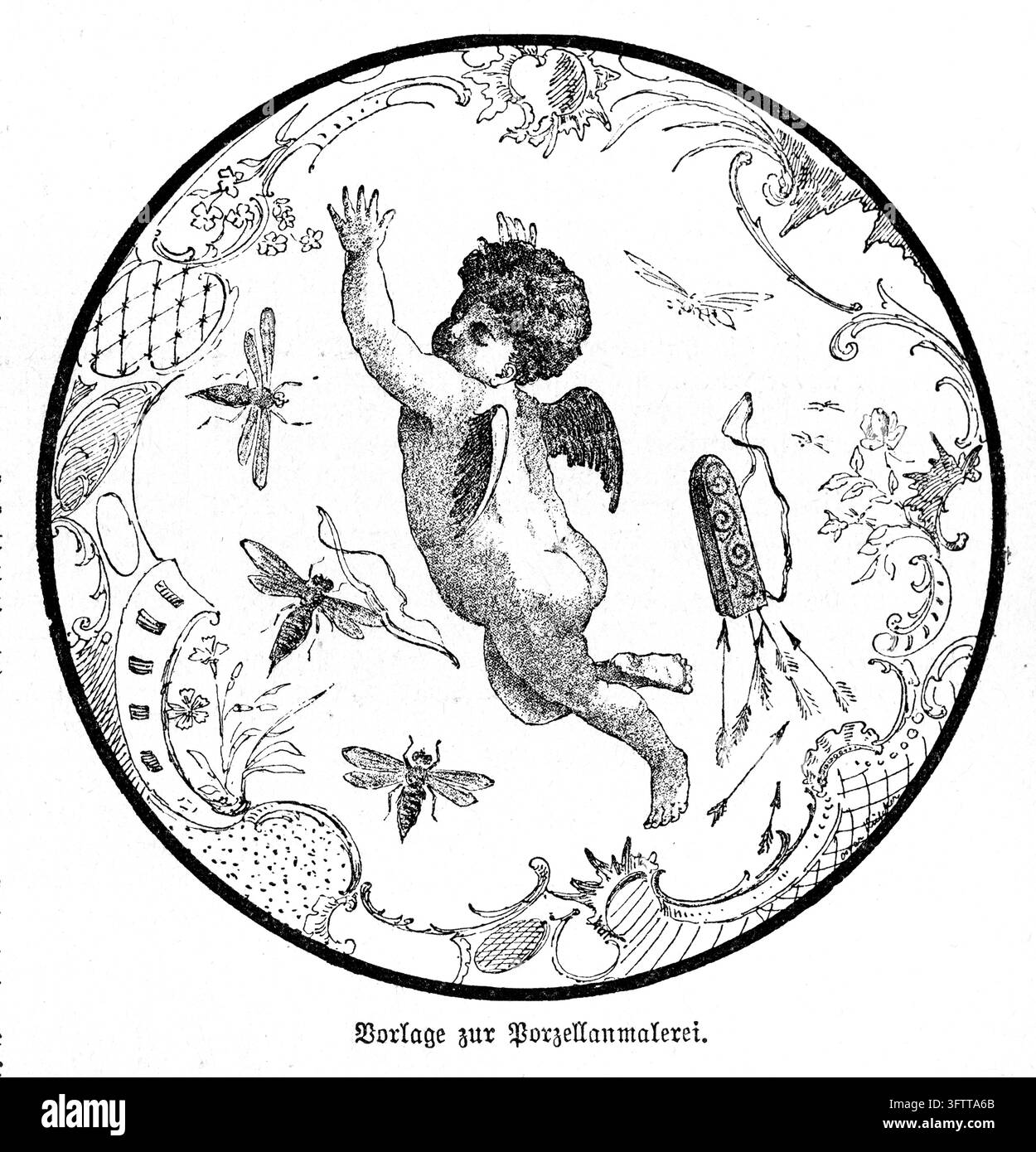 Cupido che si protende verso l'alto, circondato da insetti e ornamenti rococò in una cornice circolare, incisione del XIX secolo. Foto Stock