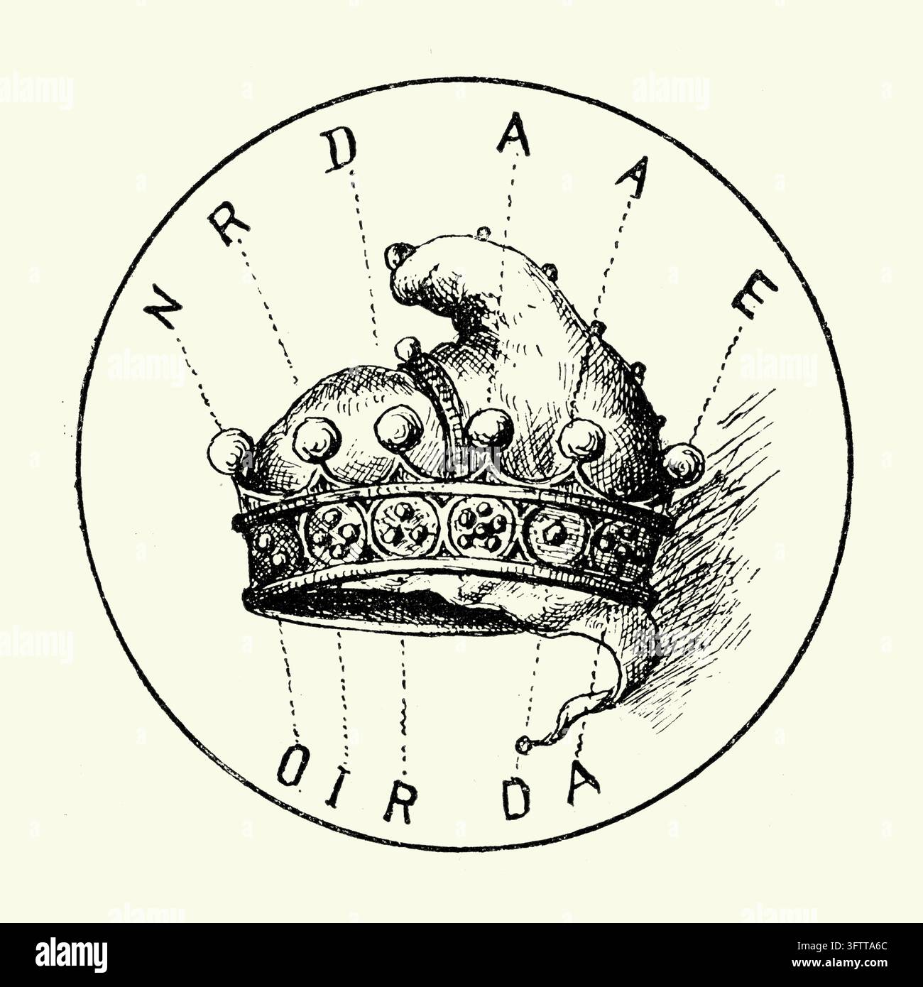 Corona con lettere e linee puntate, illustrazione diagrammatica in cornice circolare, incisione del XIX secolo. Foto Stock
