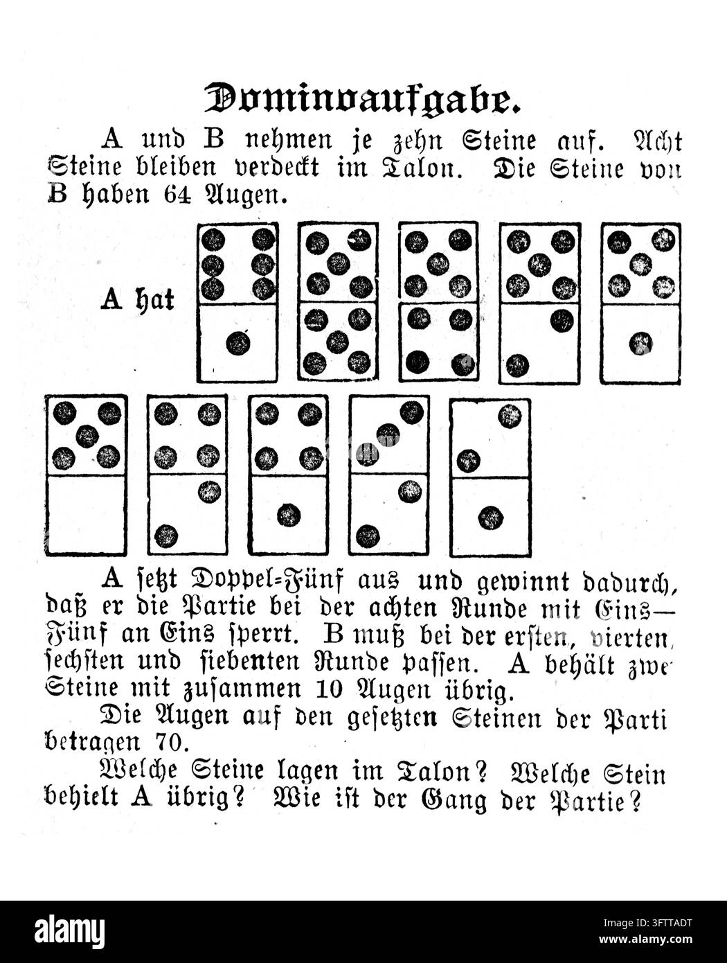 Problema del domino, scenario di gioco illustrato con testo tedesco, sfondo bianco, incisione del XIX secolo Foto Stock