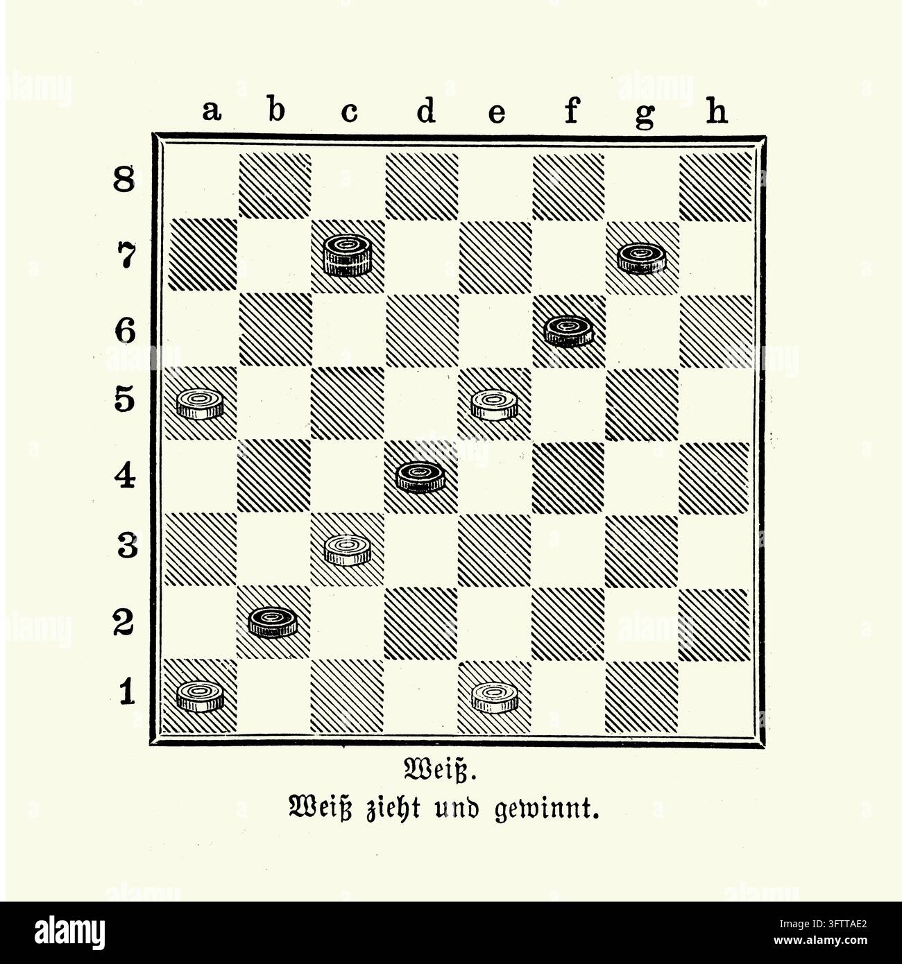 Problema di gioco di dama, Bianco muove e vince, incisione del XIX secolo. Foto Stock