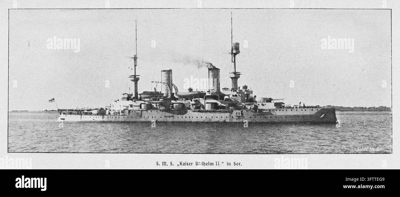SMS Kaiser Wilhelm II, corazzata tedesca in mare, storia navale, incisione del XIX secolo. Foto Stock