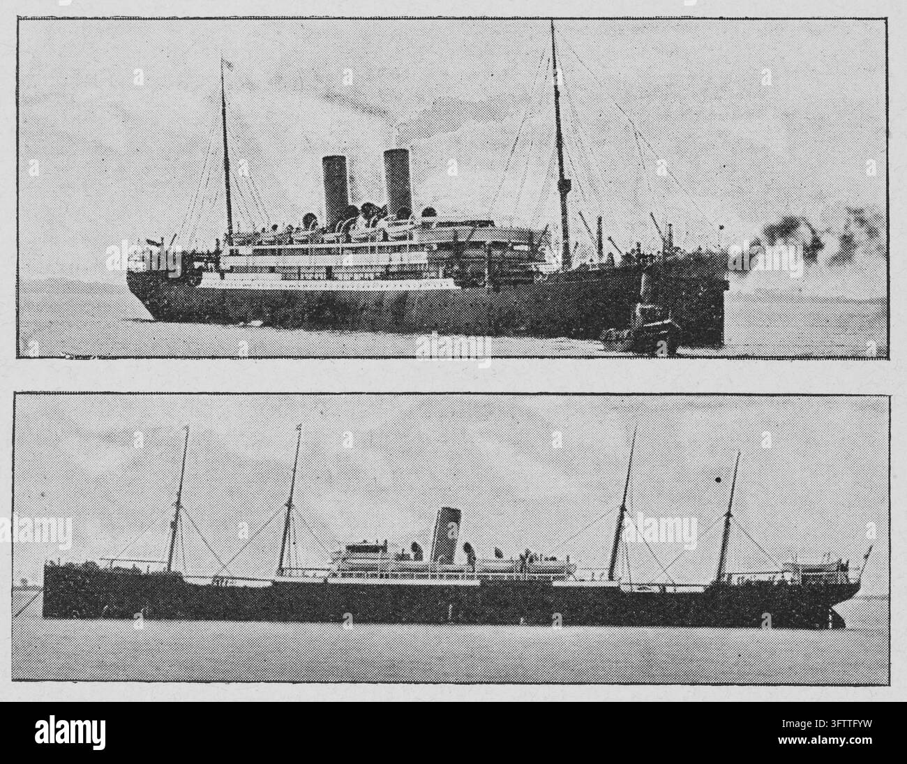 Piroscafi, due vedute di grandi navi che navigano sull'acqua, trasporto marittimo, incisione del XIX secolo. Foto Stock