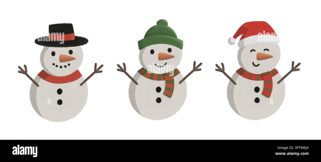 Illustrazione disegnata a mano di tre pupazzi di neve felici che indossano cappelli e sciarpe invernali diversi Foto Stock