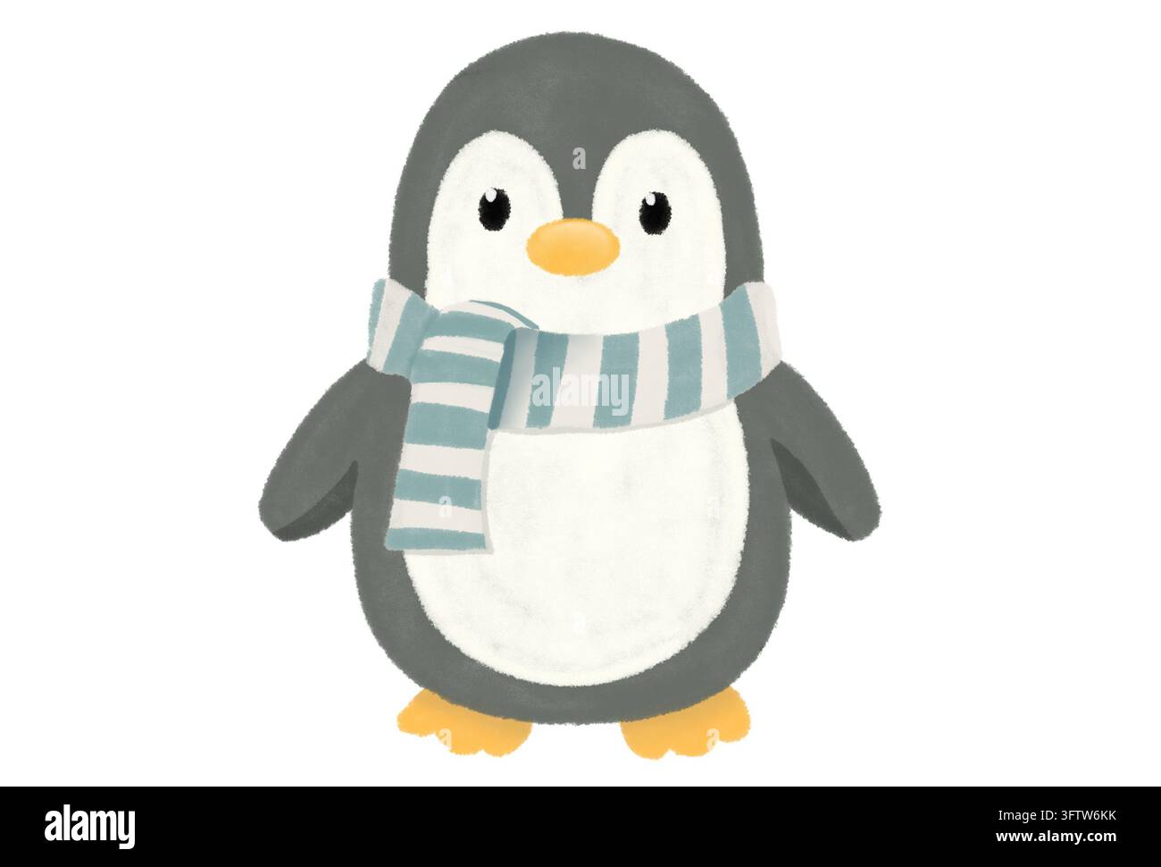 Illustrazione carina disegnata a mano di un pinguino con una sciarpa invernale a righe blu e bianche Foto Stock