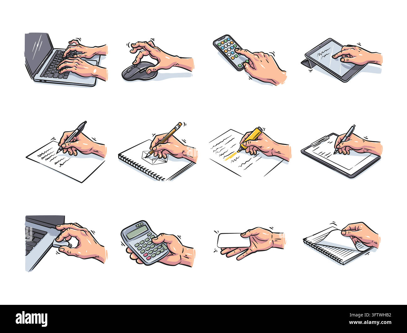 Una raccolta completa di dodici azioni della mano che utilizzano vari oggetti da ufficio tra cui laptop, strumenti da scrivania e materiale di scrittura. Illustrato Illustrazione Vettoriale