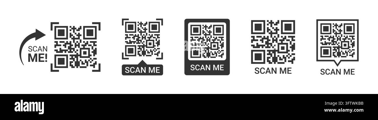 Set di icone per codici QR. Scansimi modello di codice QR falso per app mobile, pagamento, sicurezza digitale, identificazione e interfaccia di scansione dello smartphone Illustrazione Vettoriale