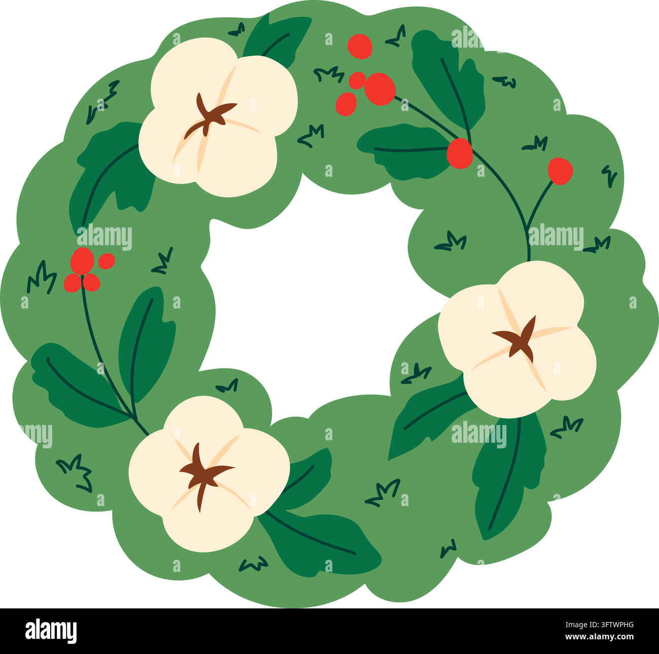 Una ghirlanda botanica di un verde morbido con fiori simili a cotone color crema, bacche rosse e semplici rametti frondosi in uno stile rustico disegnato a mano. Illustrazione Vettoriale