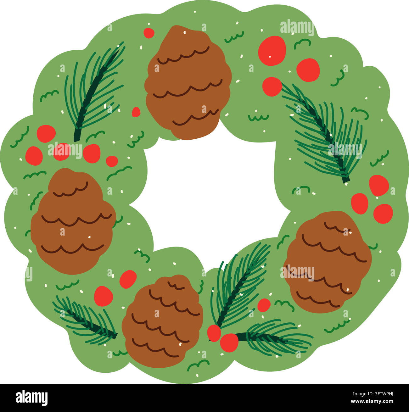 Una ghirlanda boschiva verde chiaro con pigne marroni, bacche rosse e rametti di sempreverdi scuri in uno stile rustico disegnato a mano. Illustrazione Vettoriale
