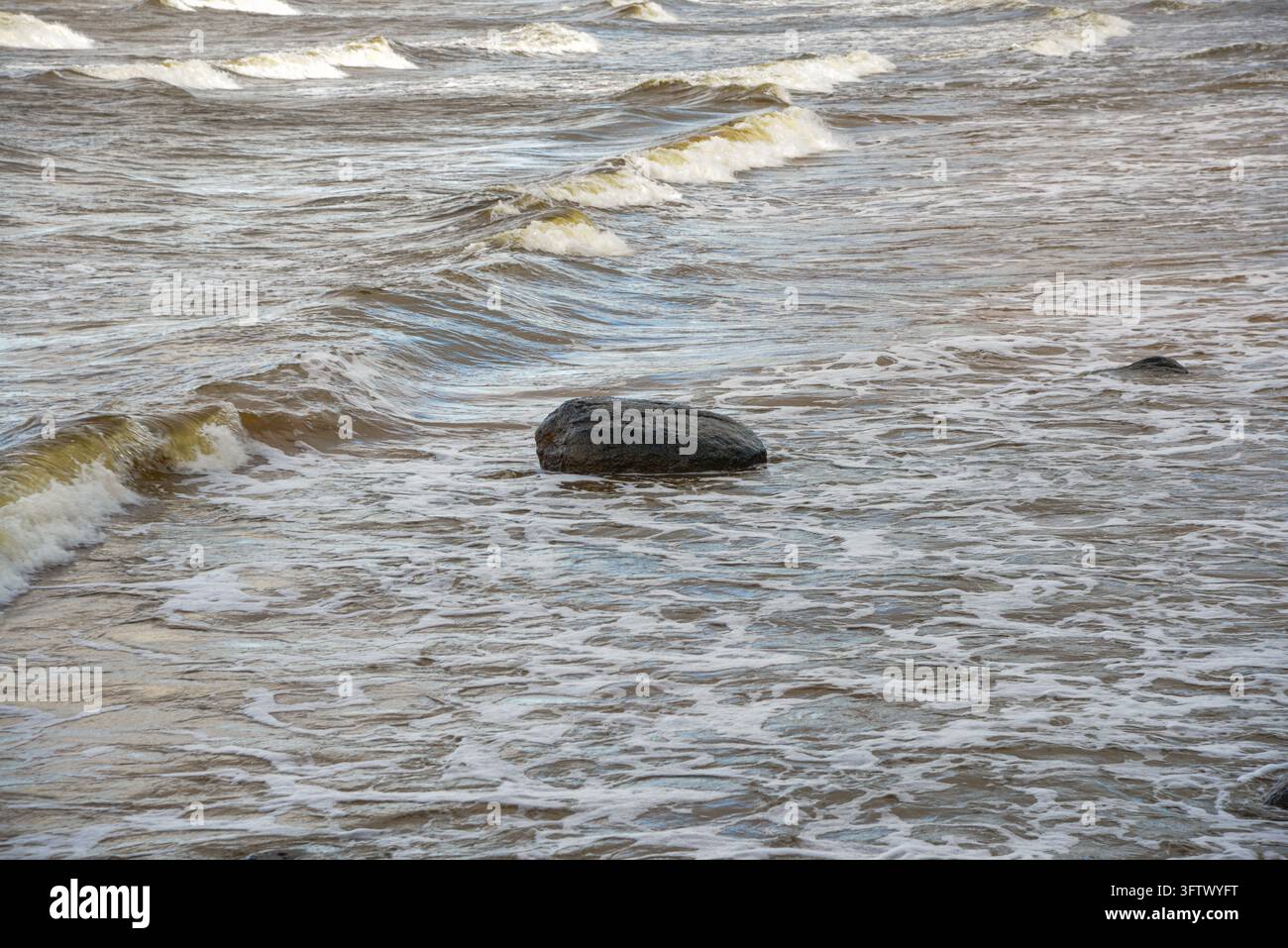 Acqua di fiume increspata e piccole onde schiumose scorrono intorno a una solitaria roccia scura, creando un modello naturale di movimento e texture. Un gioco d'acqua minimalista Foto Stock