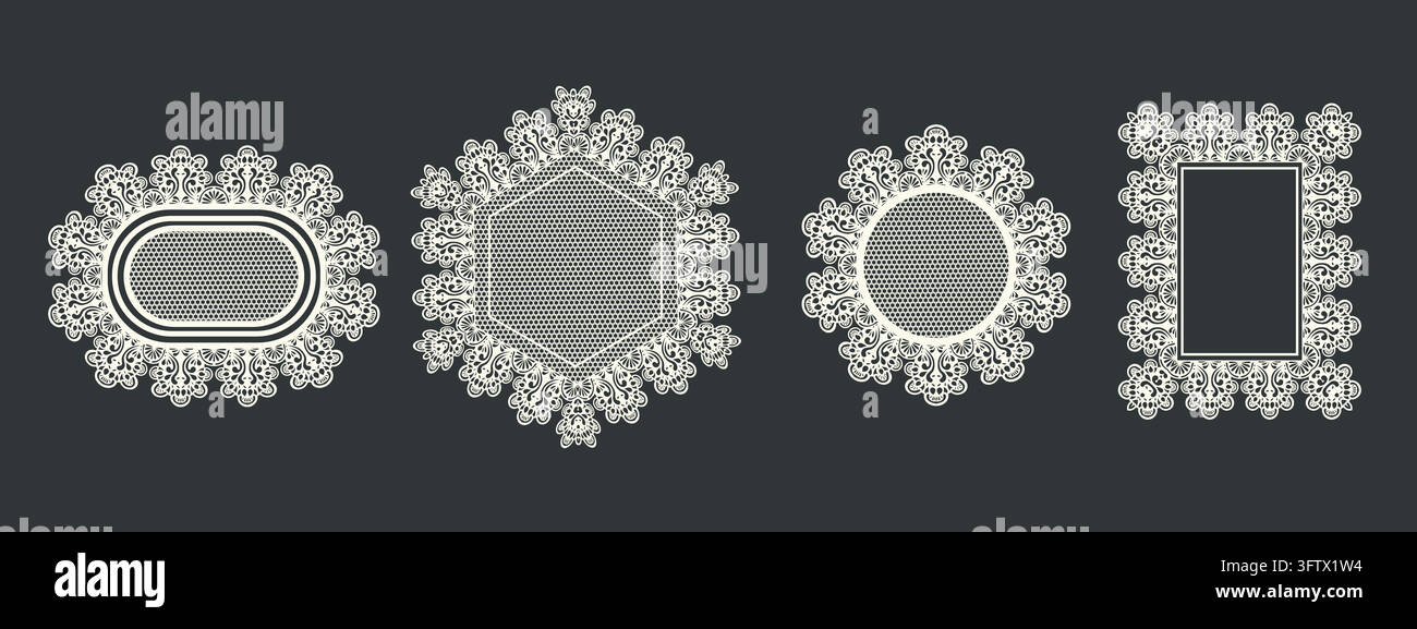 Collezione di pizzo floreale delicato con cornici eleganti, bordi decorativi e motivi ornamentali tradizionali Illustrazione Vettoriale