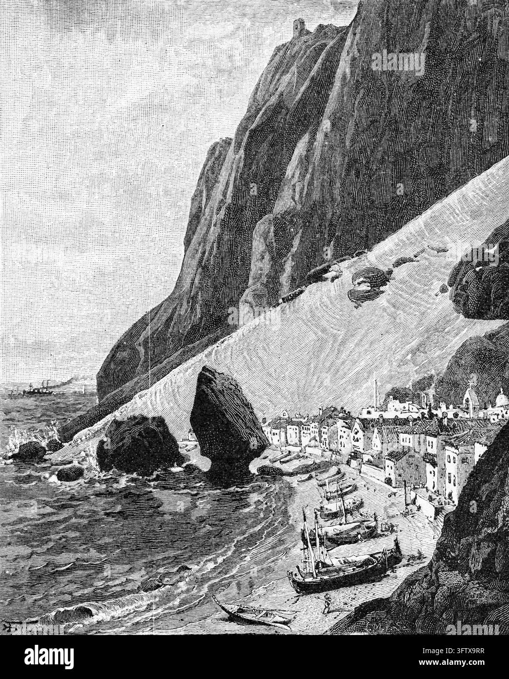 Lato orientale di Gibilterra, villaggio costiero con barche da pesca, la Roccia, Mar Mediterraneo, incisione del XIX secolo. Foto Stock