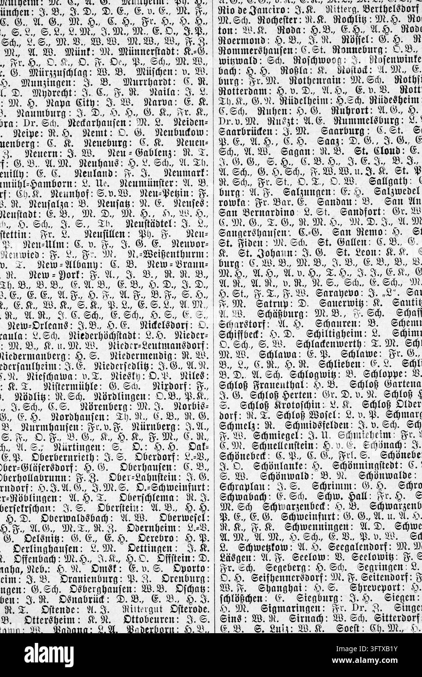 Testo stampato tedesco, voci dense e abbreviazioni, primo piano su sfondo bianco, stampa del XIX secolo. Foto Stock