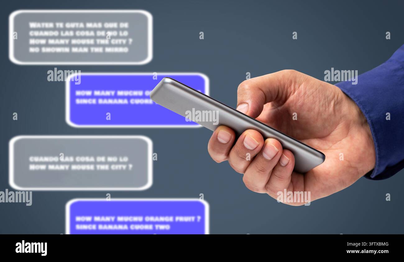 Truffa via messaggio di testo con smartphone. Hacker SMS mobile. Frode romantica sui social media. Bolle di chat. Minaccia di truffatore e catfish online. Infedeltà, phi Foto Stock