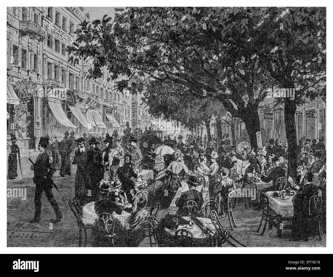 Caffè all'aperto sulla promenade di Alte Wiese, folla vivace che socializza sotto gli alberi, strada della città termale di Karlsbad, incisione del XIX secolo. Foto Stock