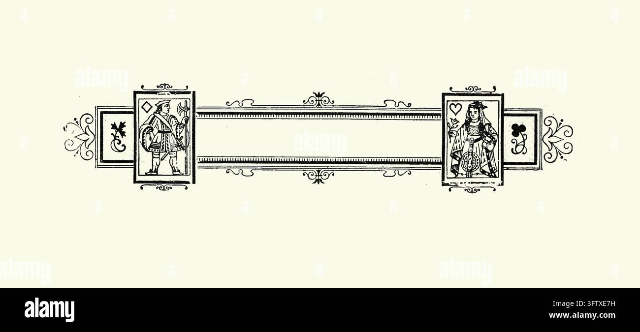 Figure di carte da gioco che fiancheggiano uno stendardo vuoto, ornamento di pagina di libro elaborato, incisione del XIX secolo. Foto Stock