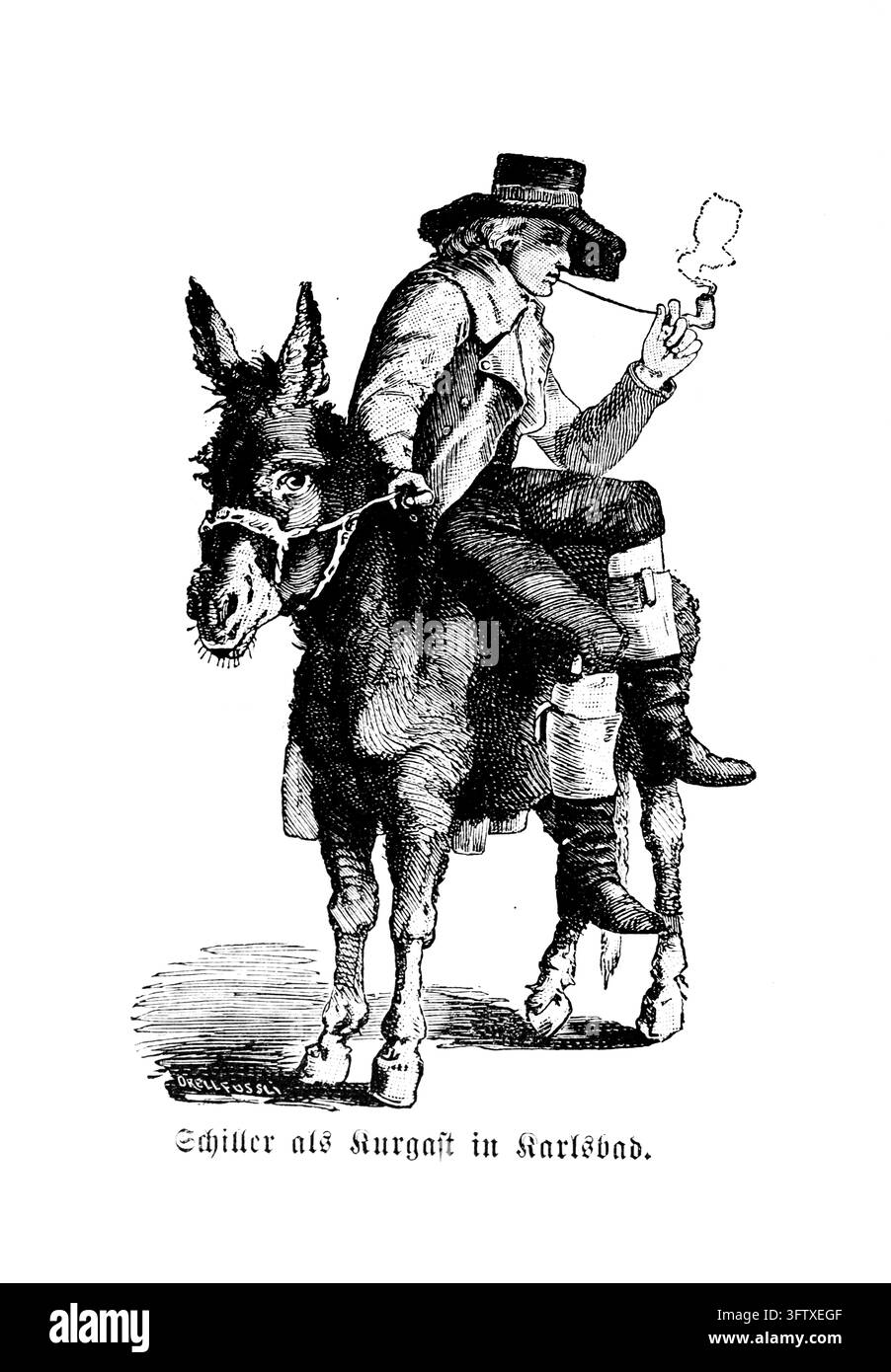 Asino cavalcato da Schiller, pipa da fumo come ospite del centro benessere a Karlsbad, incisione del XIX secolo. Foto Stock