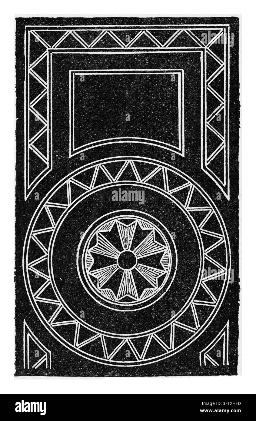 Pannello decorativo con design geometrico astratto, bordatura ornata, sfondo nero, xilografia del XIX secolo. Foto Stock