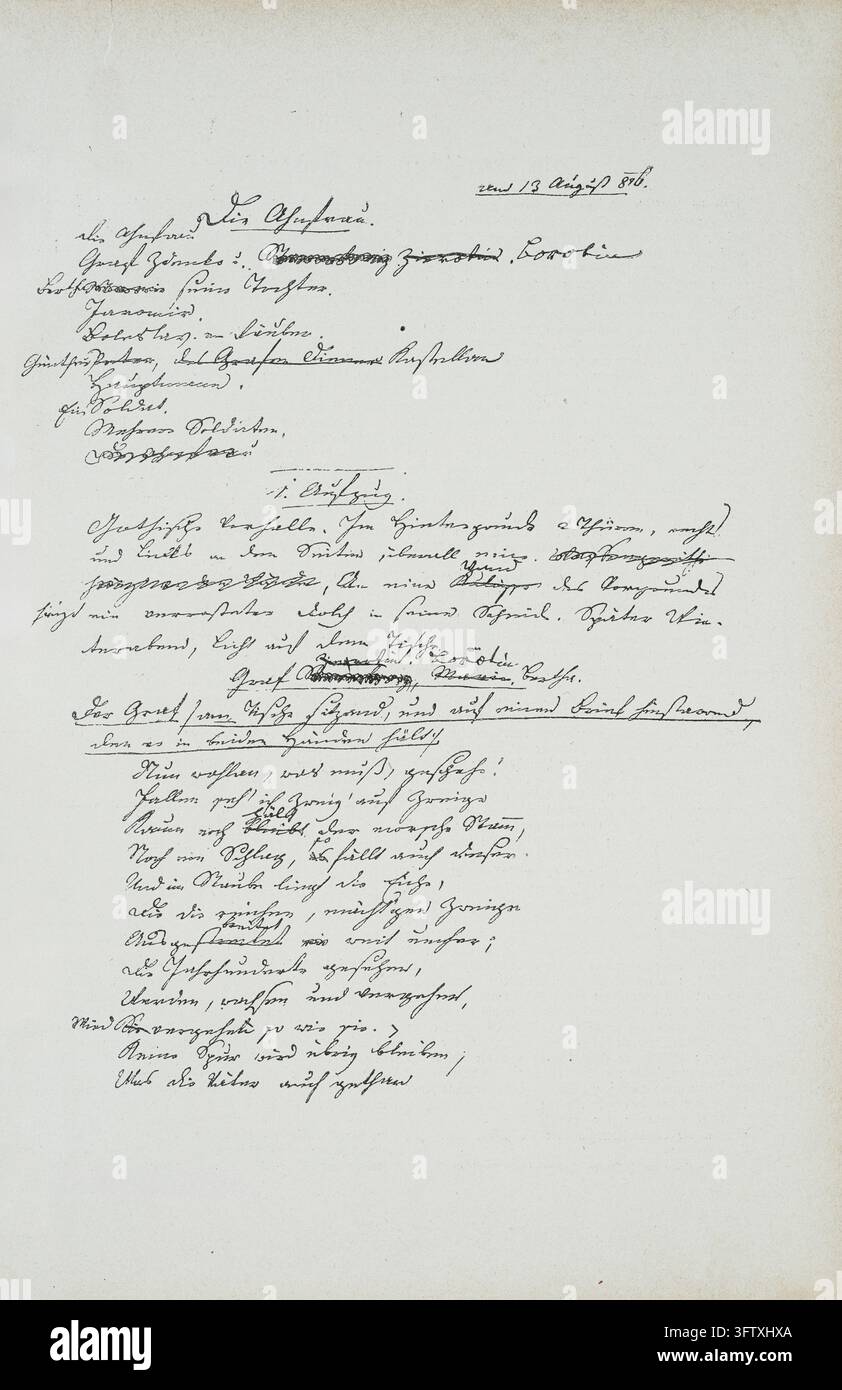 Pagina manoscritta di un manoscritto tedesco per lo spettacolo 'Die Auferstehung' – Datata 13 agosto 1884, elenco dei personaggi e del primo atto. Foto Stock