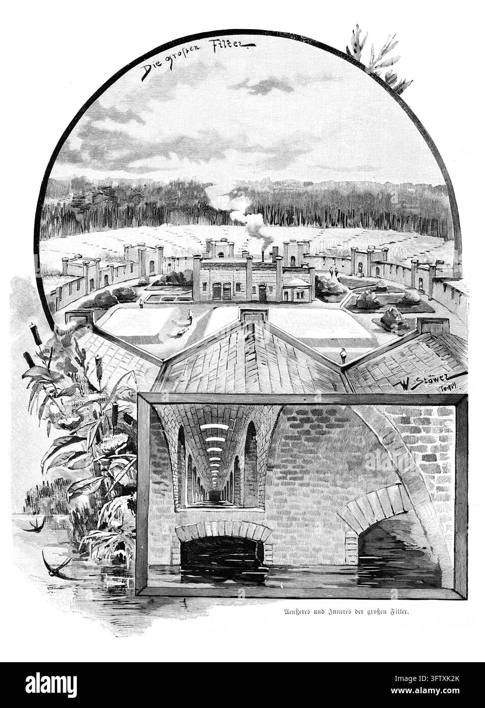 Impianto di filtrazione dell'acqua, vedute esterne e interne, infrastruttura industriale, incisione del XIX secolo. Foto Stock