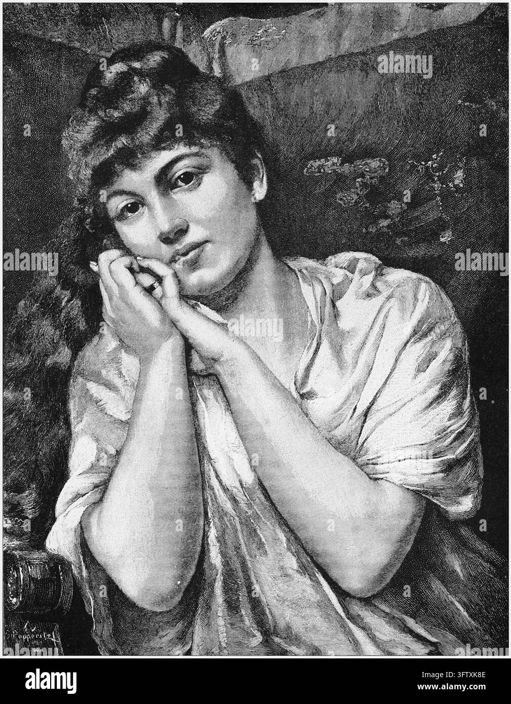 Giovane donna in silenzioso ricordo, ritratto indoor pensieroso, incisione del XIX secolo. Foto Stock