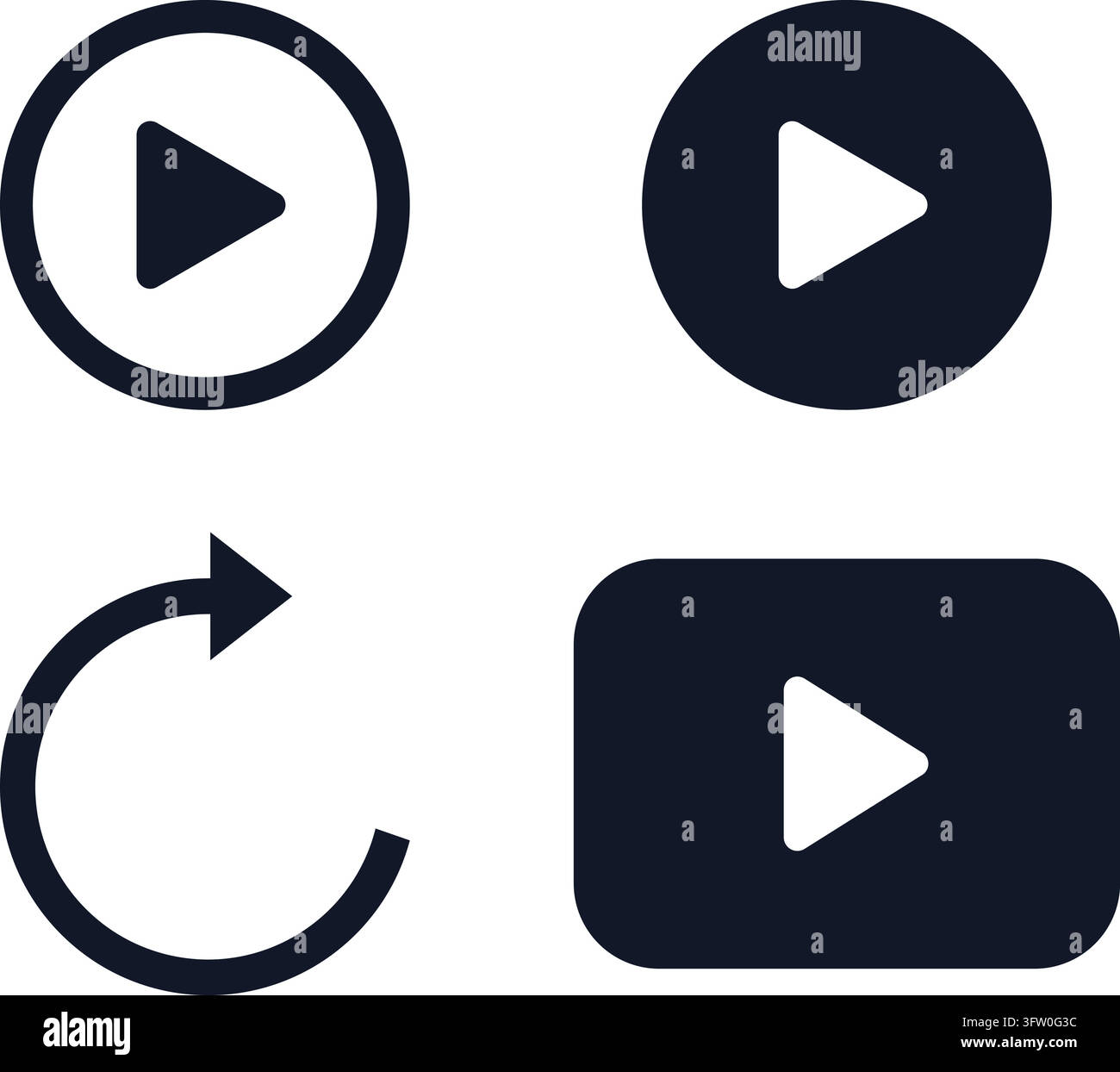 Set di icone vettoriali blu scuro per giocare e ricaricare con simboli triangolari isolati su sfondo bianco Illustrazione Vettoriale