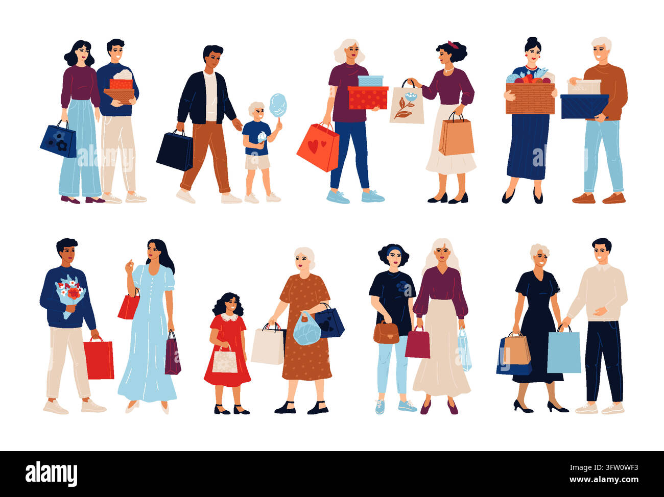 Donna in negozio. Busta regalo, carrello nel centro commerciale, coppia felice di ragazza e uomo. Carrello della spesa, negozio per ragazzo, acquisti al dettaglio, acquisti stagionali e scene dello stile di vita del cliente. Set isolato vettoriale Illustrazione Vettoriale