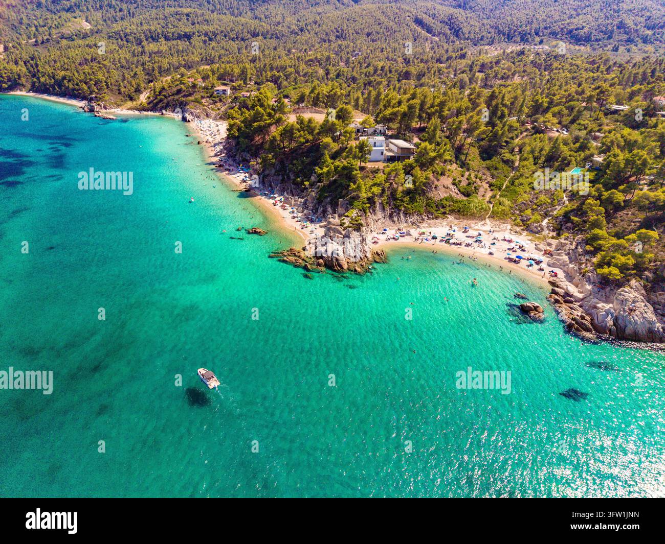 Caletta e lunga spiaggia sotto la foresta di pini, spiaggia di Manos, Calcidica, Grecia Foto Stock
