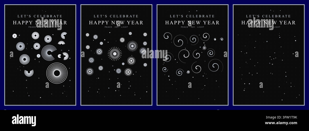Illustrazione vettoriale per la celebrazione del Capodanno con biglietti di auguri neri e argento con motivi geometrici astratti e tipografia festiva Illustrazione Vettoriale
