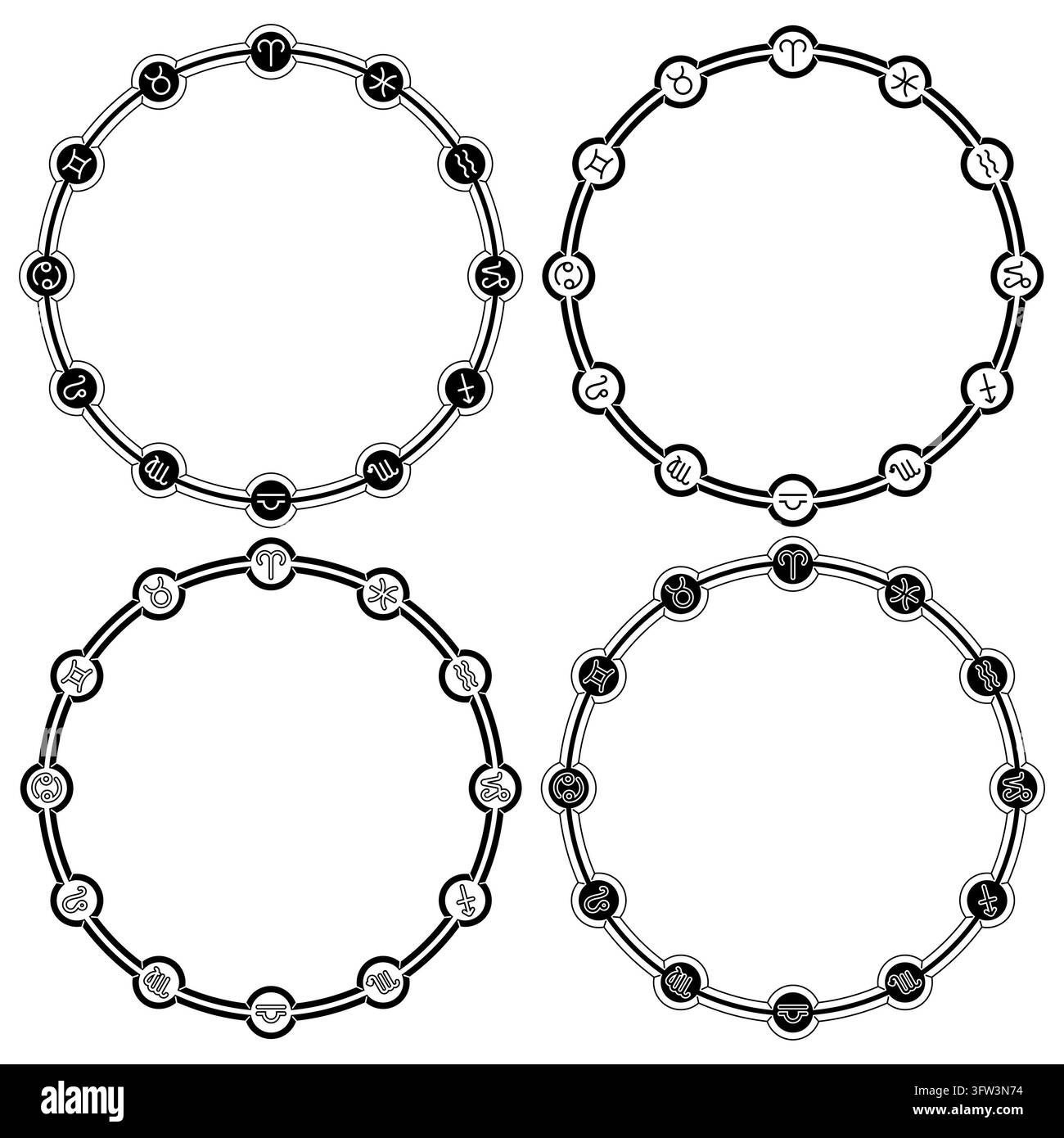 Emblema di una ruota metallica con simboli zodiacali e segni dell'oroscopo, strutturato con tratti monocromi definiti per il design dell'identità visiva. Foto Stock
