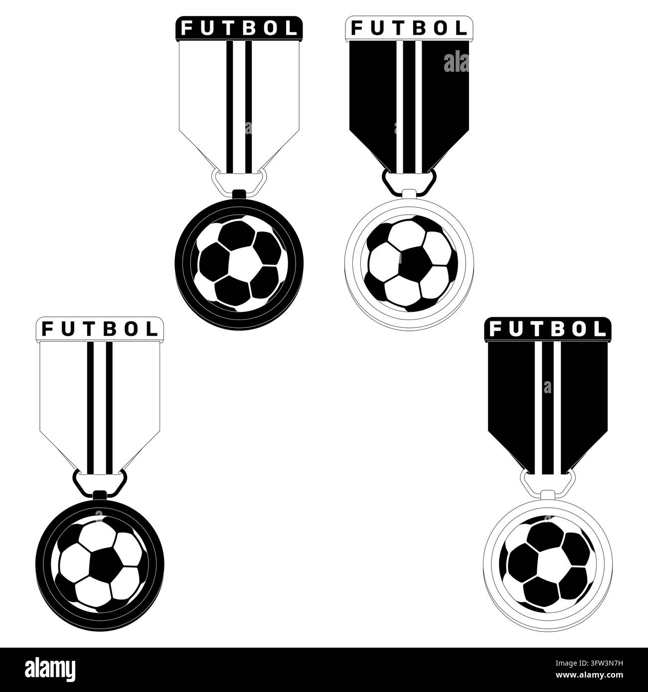 Emblema della medaglia d'onore con pallone da calcio per il premio di campionato, strutturato con tratti monocromatici definiti per l'identità visiva del marchio. Foto Stock